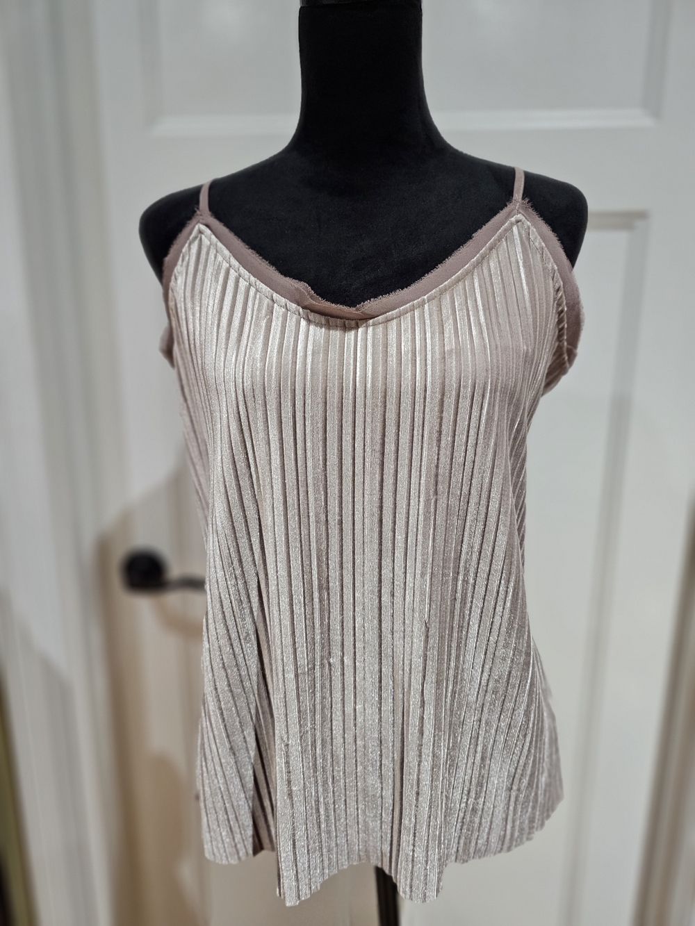 Pleated Satin-Effect Spaghetti Strap Top in Dusty Brown, NWT